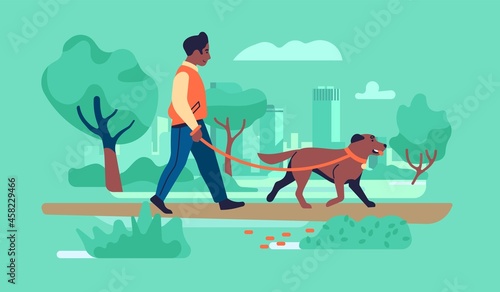 Walk with dog. Man promenades in city park with pet on leash. Owner with four legged friend. Outdoor stroll activity. African boy takes care of animal and rests in nature. Vector concept