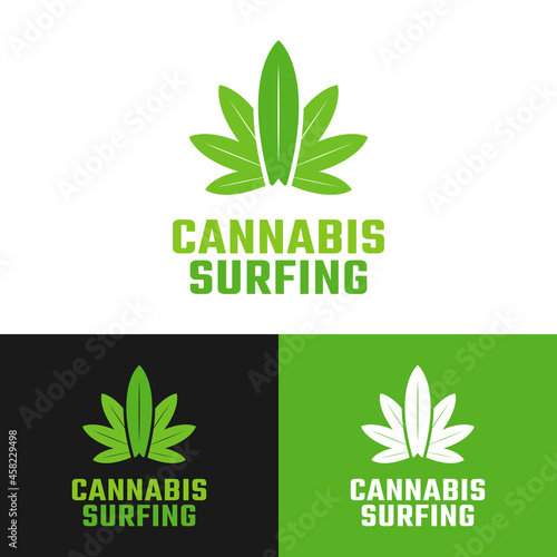 Cannabis Leaves with Surfing Board Logo Design Template. Cannabis Hashish Weed Marijuana Hemp is a psychoactive drug from the Cannabis plant.