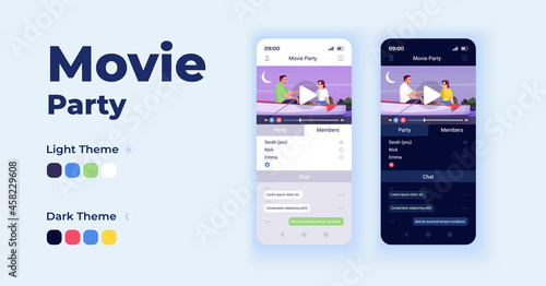 Film app cartoon smartphone interface vector templates set. Mobile app screen page day and dark mode design. Watching movies together UI for application. Phone display with flat character