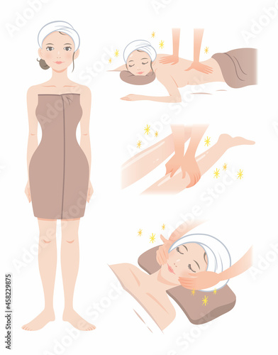 マッサージを受ける女性のイラスト（綺麗系・セット）
