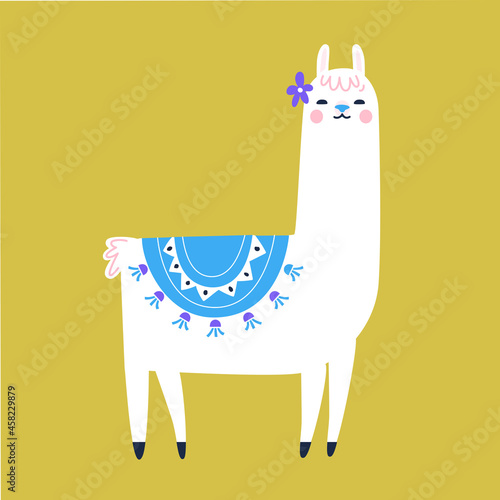 Llama cartoon character. Traditional tassel and flower decoration. Cute lama illustration.