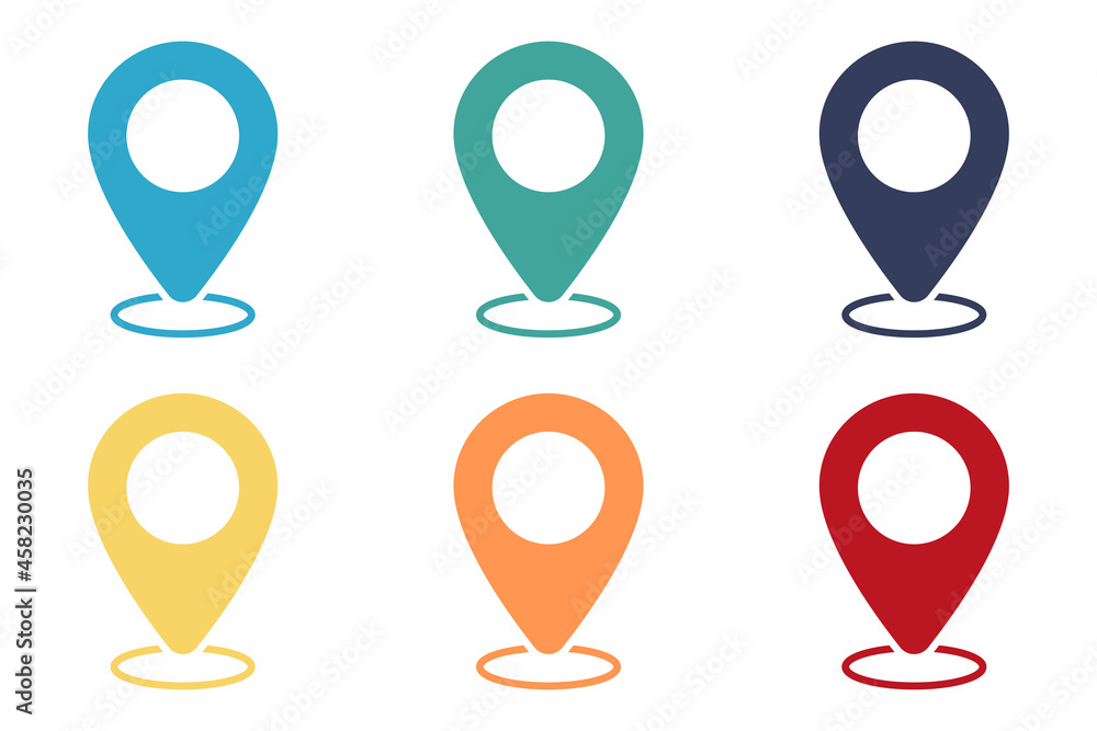Icon, label on the map. Set of multicolored icons. Illustration Icon, label on the map. Set of multicolored icons. Illustration