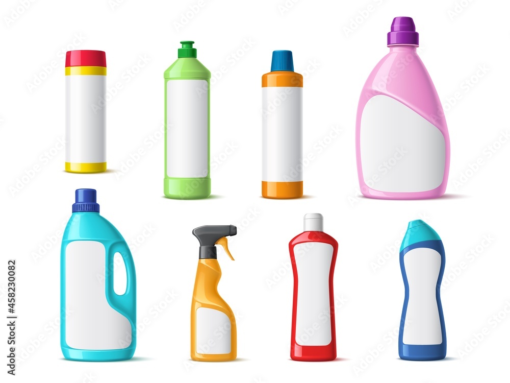 Detergent color mockup. Different domestic cleaners containers, sanitary liquid products, realistic bottles with blank labels, laundry and household hygiene package, vector 3d isolated set Detergent color mockup. Different domestic cleaners containers, sanitary liquid products, realistic bottles with blank labels, laundry and household hygiene package, vector 3d isolated set