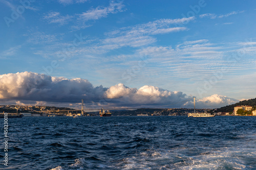 The Bosporus strait with sea traffic, ships and boats in Istanbul, Turkey