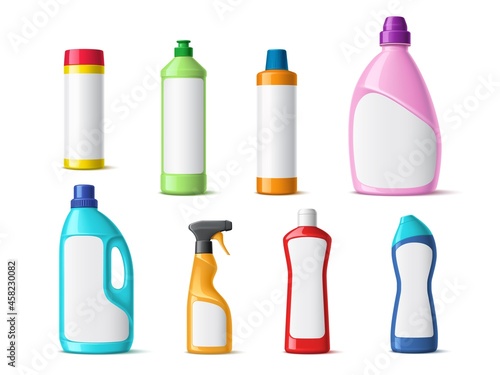Detergent color mockup. Different domestic cleaners containers, sanitary liquid products, realistic bottles with blank labels, laundry and household hygiene package, vector 3d isolated set