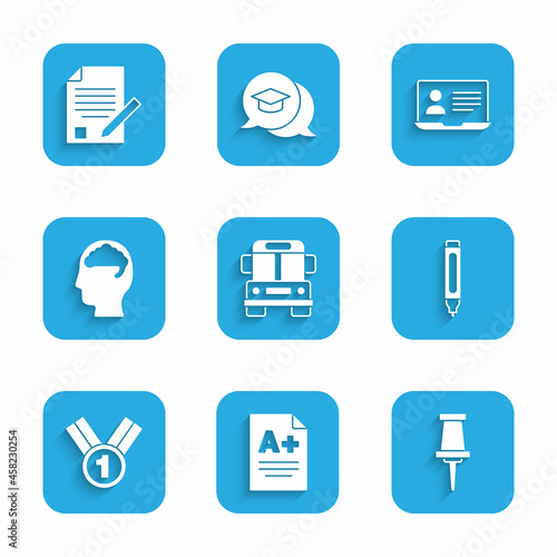 Set School Bus, Exam sheet with A plus grade, Push pin, Marker pen, Medal, Human brain, Online class and and pencil icon. Vector