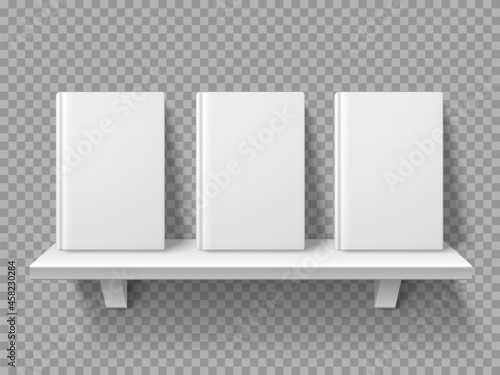 Bookshelf books. Realistic book volumes stand on shelf, blank mockup, bookstore front presentation, literature showcase, white hard cardboard cover, vector 3d isolated concept