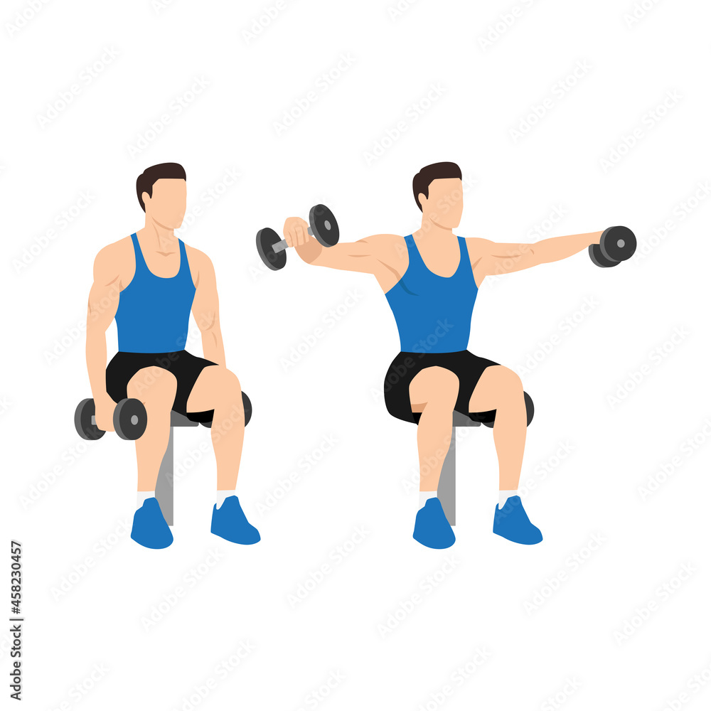 Man doing Seated dumbbell Lateral raises. Power partials exercise. Flat vector illustration isolated on white background Man doing Seated dumbbell Lateral raises. Power partials exercise. Flat vector illustration isolated on white background