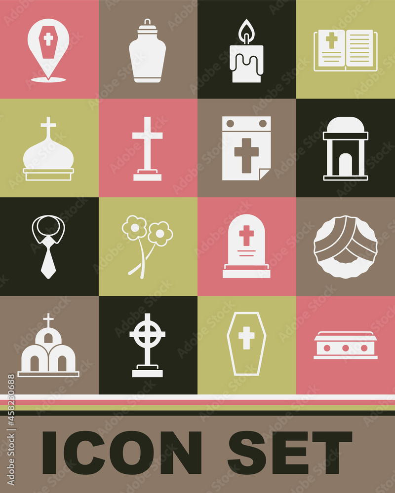 Set Coffin with cross, Memorial wreath, Old crypt, Burning candle, Grave, Church tower, and Calendar death icon. Vector Set Coffin with cross, Memorial wreath, Old crypt, Burning candle, Grave, Church tower, and Calendar death icon. Vector