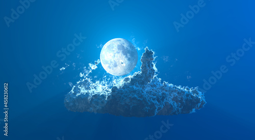lone big blue cumulus cloud and moon , conceptual nature 3D rendering