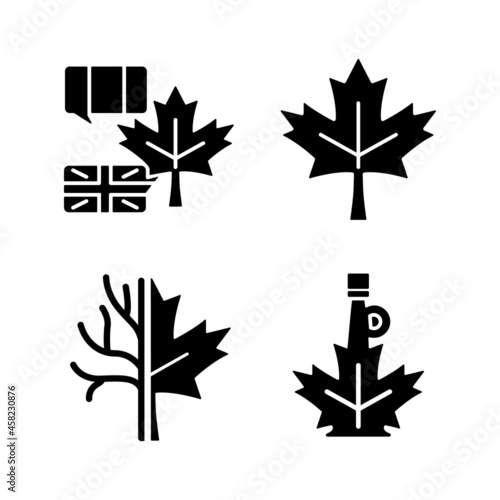 Maple leaf significance black glyph icons set on white space. National emblem of Canada. Historic maple leaf symbol. Bilingual country. Silhouette symbols. Vector isolated illustration