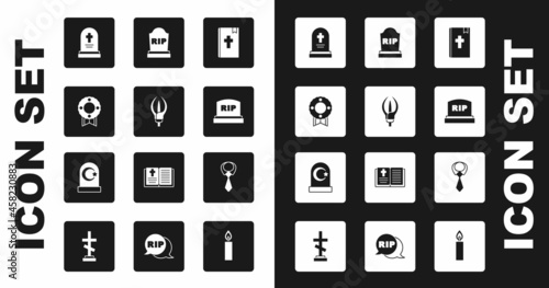Set Holy bible book, Lily flower, Memorial wreath, Grave with tombstone, Tombstone RIP written, Tie and Muslim cemetery icon. Vector