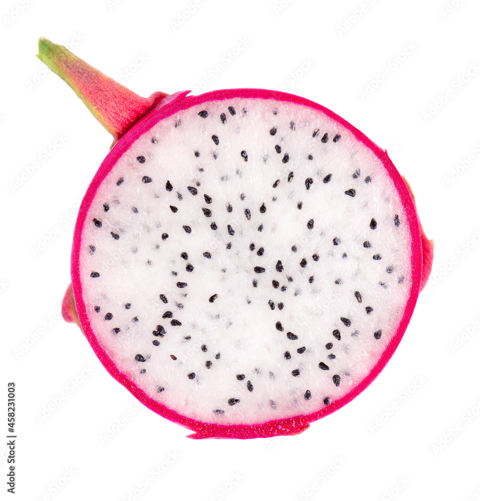 Dragon fruit isolated on white background. Slice of Pitaya or Pitahaya fruit with clipping path. Top view. Dragon fruit isolated on white background. Slice of Pitaya or Pitahaya fruit with clipping path. Top view.