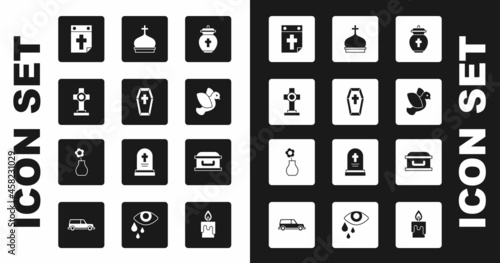 Set Funeral urn, Coffin with cross, Grave, Calendar death, Dove, Church tower, and Flower vase icon. Vector