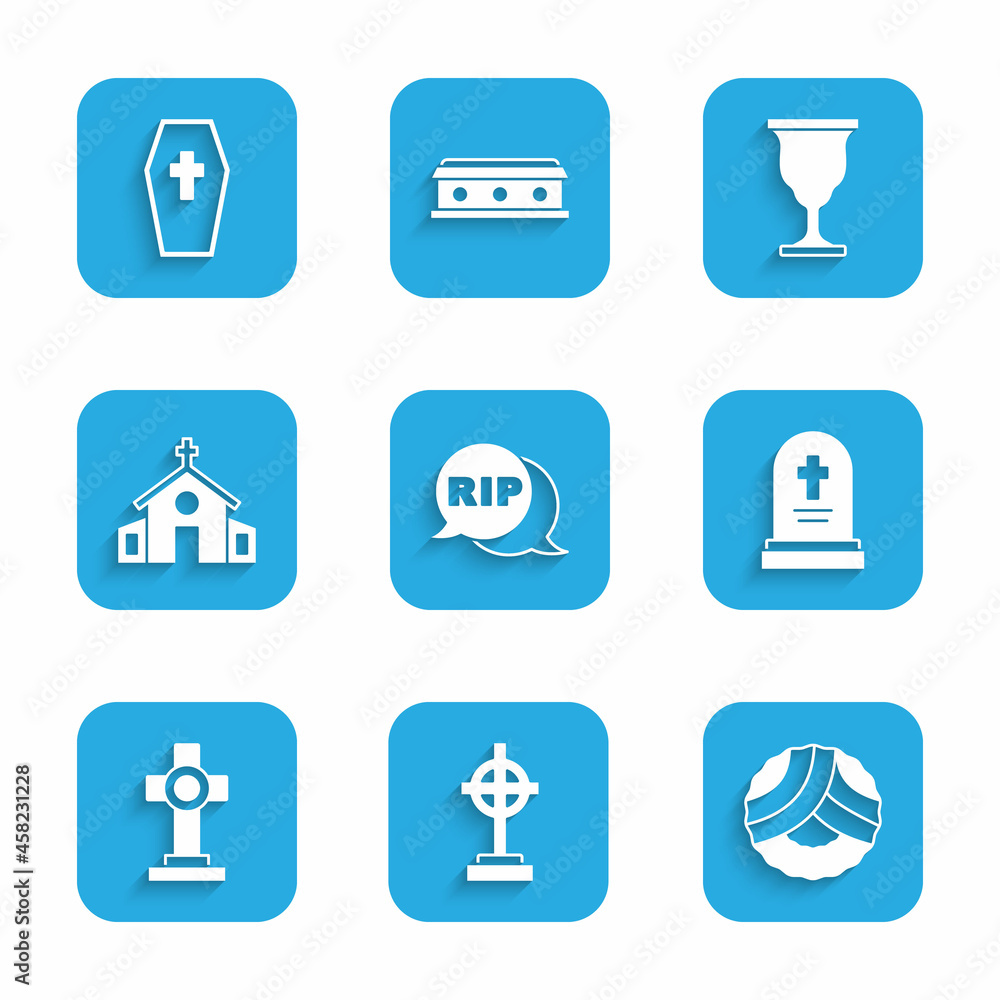 Set Speech bubble rip death, Grave with cross, Memorial wreath, tombstone, Church building, Christian chalice and Coffin icon. Vector Set Speech bubble rip death, Grave with cross, Memorial wreath, tombstone, Church building, Christian chalice and Coffin icon. Vector