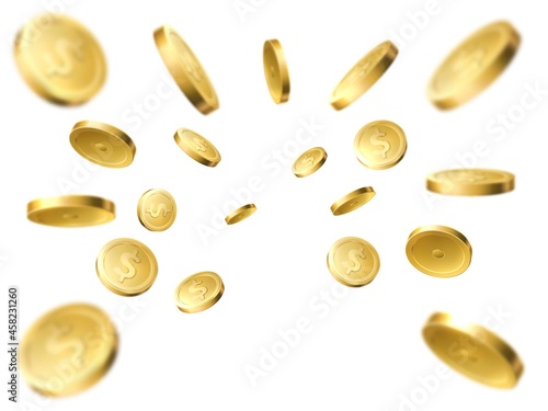 Flying gold coins explosion. Realistic 3d money, dollars cash back, game prize, jackpot or lotto casino win, wealth success symbol, isolated on white background elements, vector concept