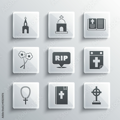 Set Holy bible book, Grave with cross, Calendar death, Speech bubble rip, Christian on chain, Flower, Church building and icon. Vector