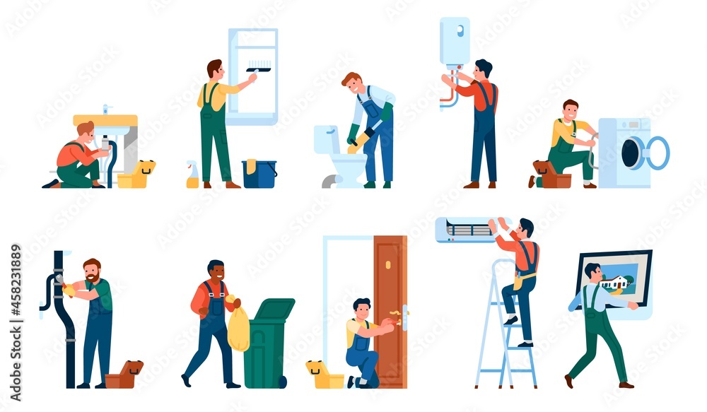 Repair workers. Professional craftsmen eliminate malfunctions household appliances and sanitary units. Cartoon builders and electrics make home renovation. Vector workmen activities set