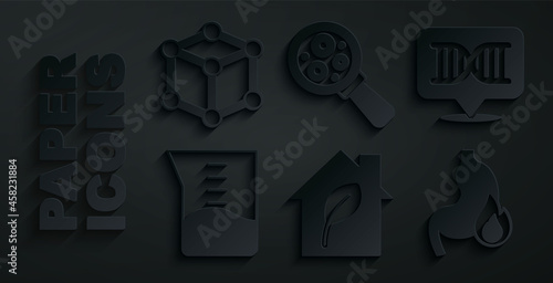 Set Eco friendly house, DNA symbol, Laboratory glassware or beaker, Stomach heartburn, Microorganisms under magnifier and Molecule icon. Vector