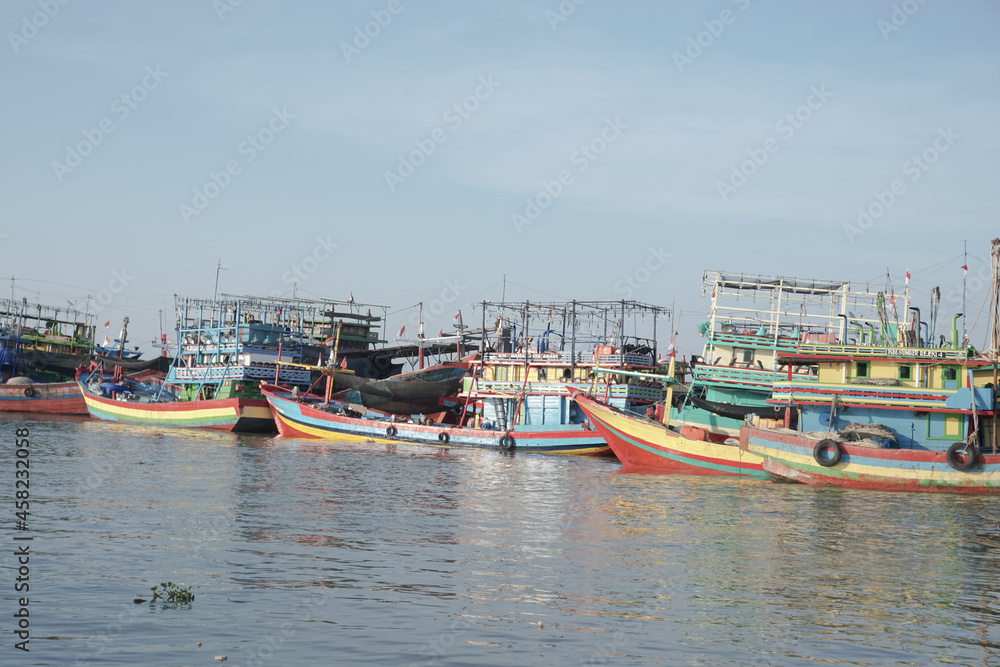 Landscape panoramic view of Commercial phishing boats, repair ship in dock