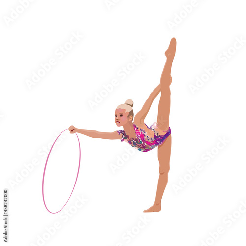 The girl is practicing in gymnastics with a hoop