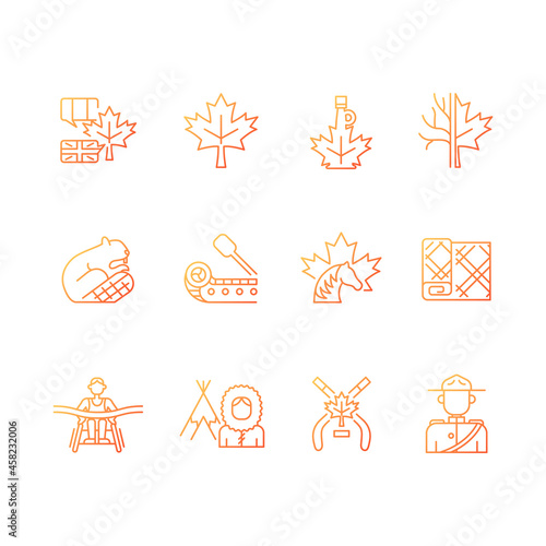 Canadian symbols gradient linear vector icons set. Official canadian emblem. North american beaver. Maple leaf tartan. Thin line contour symbols bundle. Isolated outline illustrations collection