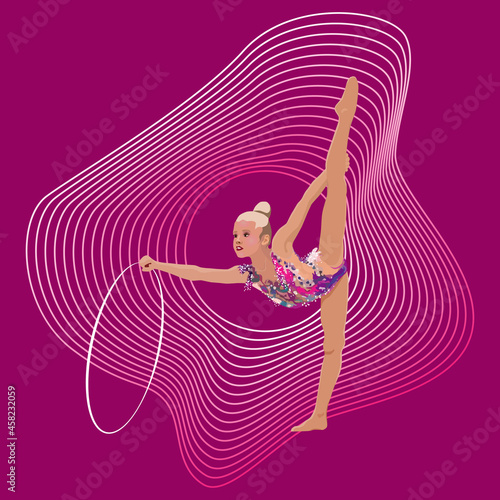 The girl is practicing in gymnastics with a hoop