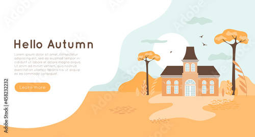 Real estate in nature banner concept. Autumn suburban house in the forest, countryside landscape with fall trees, clouds, big sun and birds in sky. Vector illustration.