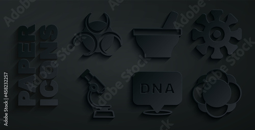 Set DNA symbol, Bacteria, Microscope, Molecule, Mortar and pestle and Biohazard icon. Vector