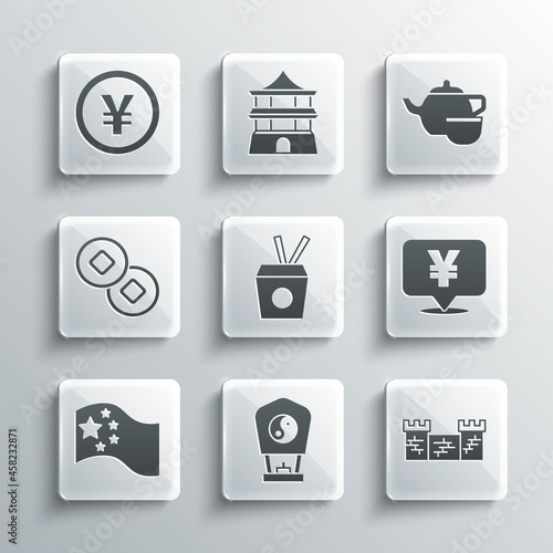 Set Chinese paper lantern, Great wall of China, Yuan currency, Noodles box and chopsticks, flag, and tea ceremony icon. Vector