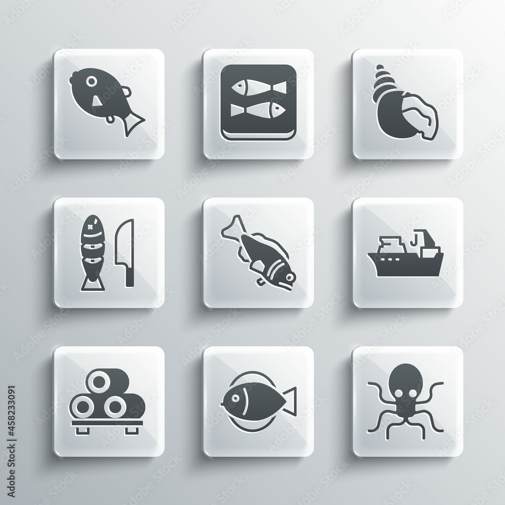 Set Fish, Octopus, Fishing boat, Sushi on cutting board, with sliced pieces, Tropical fish and Scallop sea shell icon. Vector Set Fish, Octopus, Fishing boat, Sushi on cutting board, with sliced pieces, Tropical fish and Scallop sea shell icon. Vector