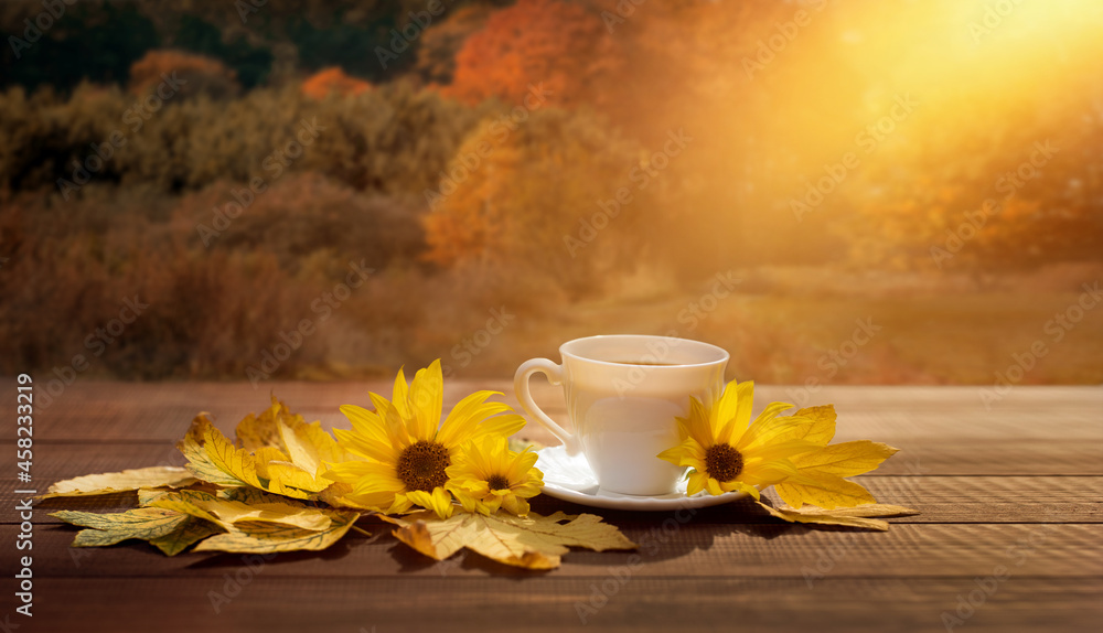 filiżanka kawy w jesienny poranek, kawa o poranku i żółte kwiaty słonecznika i jesienny widok na las - obrazy, fototapety, plakaty 