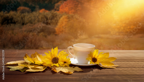 filiżanka kawy w jesienny poranek, kawa o poranku i żółte kwiaty słonecznika i jesienny widok na las