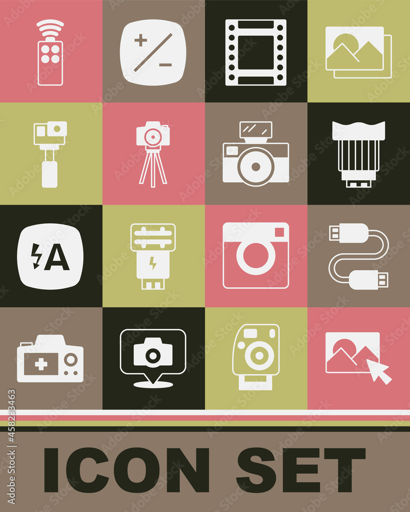 Set Photo retouching, USB cable cord, Camera photo lens, roll cartridge, camera, Action, Remote control for and with flash icon. Vector Set Photo retouching, USB cable cord, Camera photo lens, roll cartridge, camera, Action, Remote control for and with flash icon. Vector