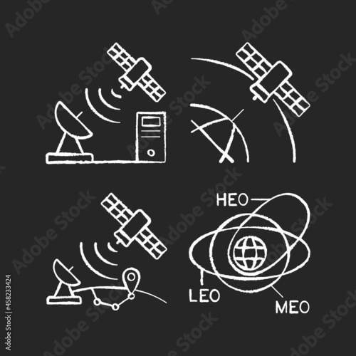 Satellite radionavigation chalk white icons set on dark background. Satellite orbits, trajectories. Transmission Control Protocol standarts. Isolated vector chalkboard illustrations on black