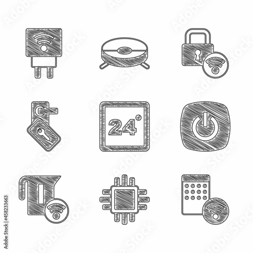 Set Thermostat, Processor with CPU, Air humidifier, Smart home, electric kettle, Digital door lock, and plug icon. Vector