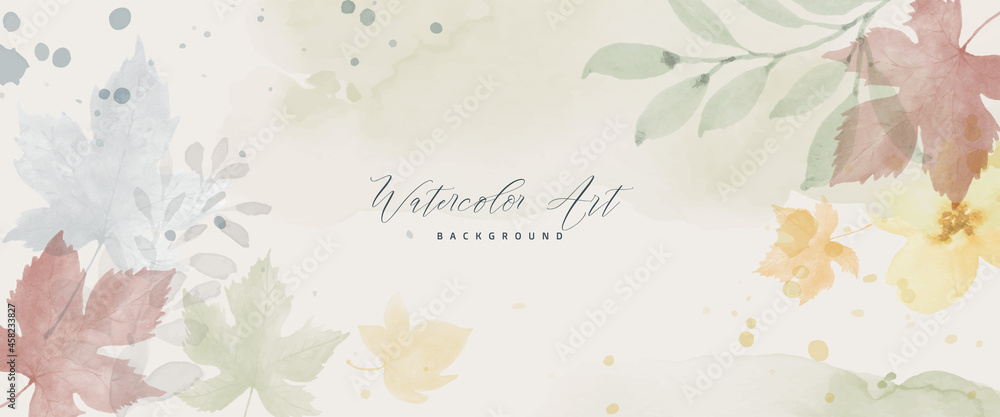 Watercolor pastel autumn abstract background with maple and seasonal leaves - obrazy, fototapety, plakaty 