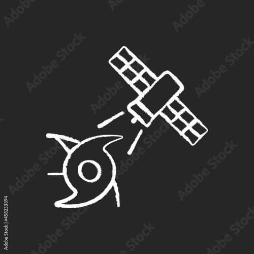 Weather and climate monitoring satellite chalk white icon on dark background. Climate change investigation. Meteorological Earth observation system. Isolated vector chalkboard illustration on black