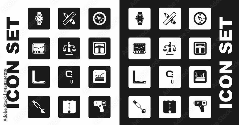 Set Compass, Scales of justice, Measuring instrument, Wrist watch, Bathroom scales, Crossed ruler and pencil, Graph, schedule, chart, diagram and Corner icon. Vector Set Compass, Scales of justice, Measuring instrument, Wrist watch, Bathroom scales, Crossed ruler and pencil, Graph, schedule, chart, diagram and Corner icon. Vector