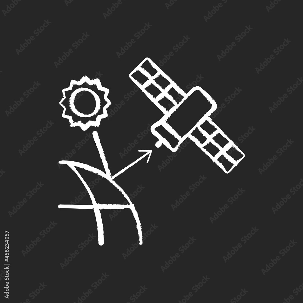 Remote sensing satellite chalk white icon on dark background. Digital Earth conceptualization. Planet replica creating. Earth observation perfomance. Isolated vector chalkboard illustration on black Remote sensing satellite chalk white icon on dark background. Digital Earth conceptualization. Planet replica creating. Earth observation perfomance. Isolated vector chalkboard illustration on black
