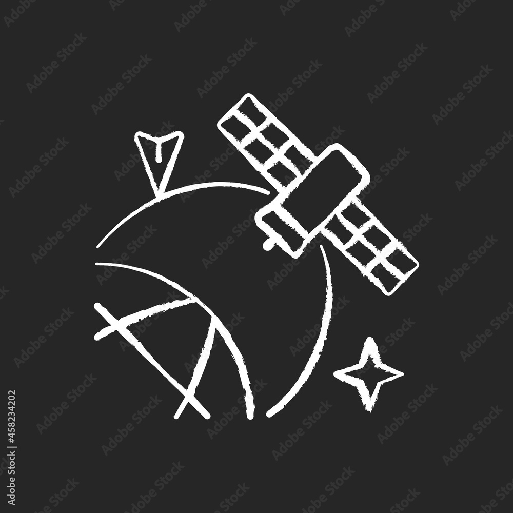 Satellite location in space chalk white icon on dark background. Artifial satelite positioning, status, condition information investigation. Isolated vector chalkboard illustration on black Satellite location in space chalk white icon on dark background. Artifial satelite positioning, status, condition information investigation. Isolated vector chalkboard illustration on black