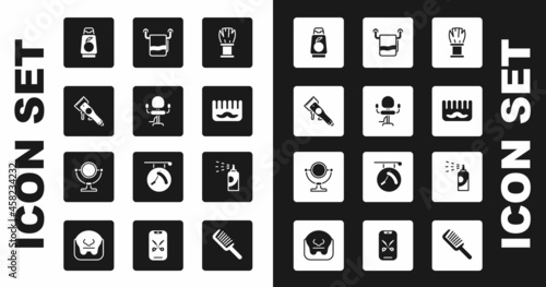 Set Shaving brush, Barbershop chair, Electrical clipper, Bottle of shampoo, Hairbrush, Towel on hanger, Spray can for hairspray and Round makeup mirror icon. Vector