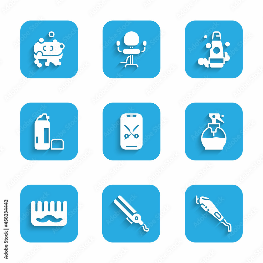 Set Barber online service or platform, Curling iron, Electrical hair clipper, Hairdresser pistol spray bottle, Hairbrush, Shaving gel foam, Bottle of shampoo and soap with icon. Vector Set Barber online service or platform, Curling iron, Electrical hair clipper, Hairdresser pistol spray bottle, Hairbrush, Shaving gel foam, Bottle of shampoo and soap with icon. Vector