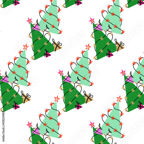 pattern of Christmas trees with lights and gifts