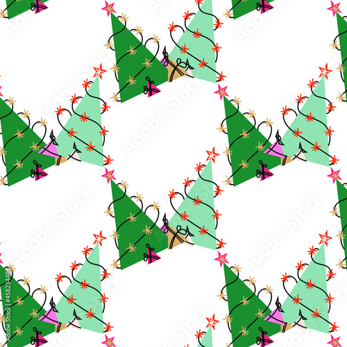 pattern of Christmas trees with lights and gifts