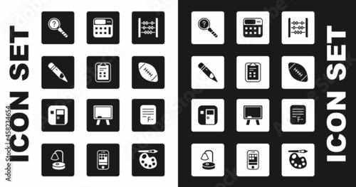 Set Abacus, Exam sheet with check mark, Pencil eraser, Unknown search, American football ball, Calculator, paper incorrect answers and School classroom icon. Vector