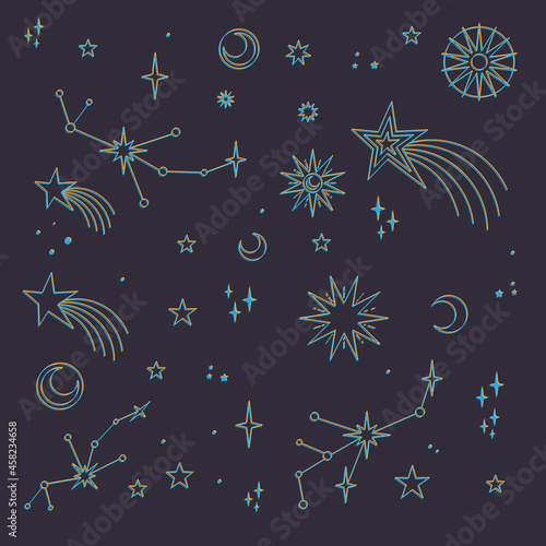 Stars, moons and constellations. Linear design astrology elements. Seamless pattern of celestial space background.
