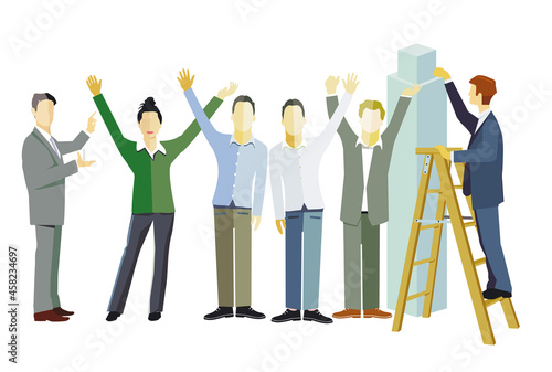 Fröhliche erfolgreiche Mannschaft jubeln und sind zuversichtlich Bilanz im Aufschwung- illustration