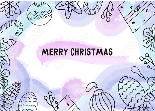 Christmas background with doodle design elements and text Merry Christmas. Vector illustration with hand drawn new year toys and gifts