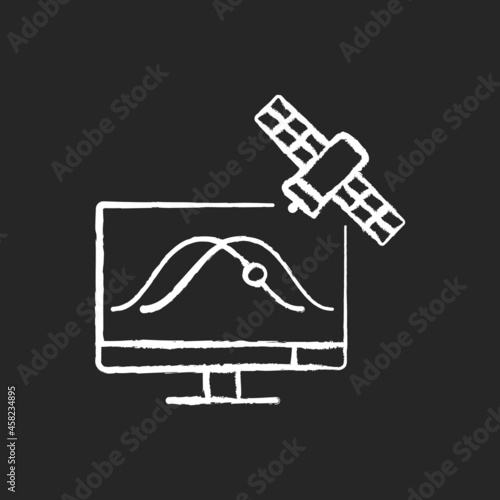 Satellite tracking chalk white icon on dark background. Artificial satelites orbits observation, positioning through special application. Isolated vector chalkboard illustration on black